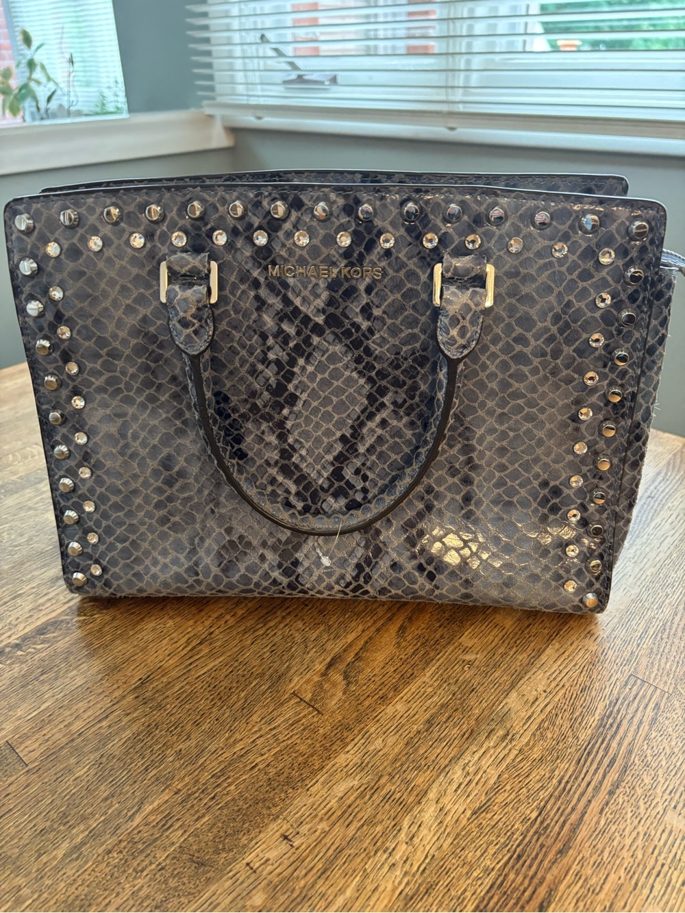 Michael Kors Snake-Embossed Jeweled Studded “Selma” Bag in Gray